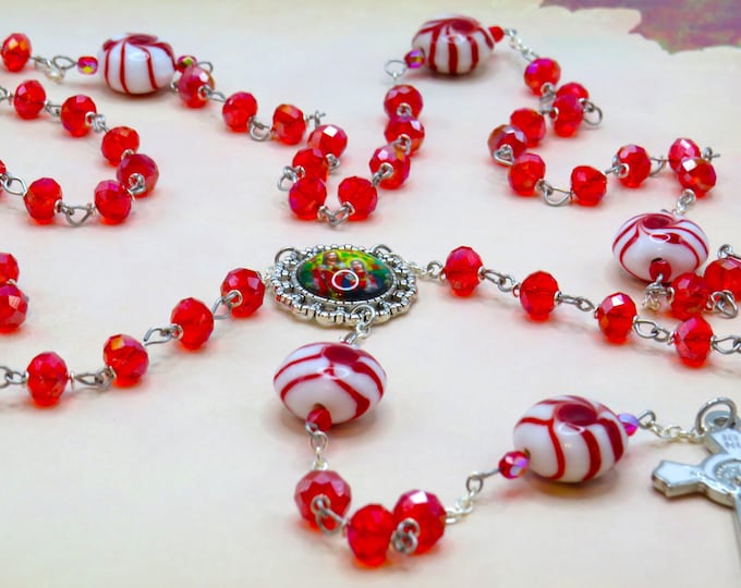 Christmas Peppermint Candy Rosary - Czech Red AB Crystal Beads - Glass Peppermint Candy Beads - Sacred Heart Center - White Enamel Crucifix