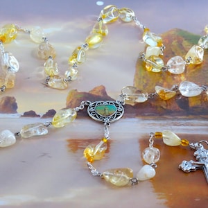 Citrine Rosary - Semi Precious Citrine Nugget Beads - Gold Father Accent Beads - Our Lady of Medjugorje Center - Fleur-de-Lis Fiat Crucifix