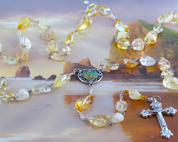 Citrine Rosary - Semi Precious Citrine Nugget Beads - Gold Father Accent Beads - Our Lady of Medjugorje Center - Fleur-de-Lis Fiat Crucifix