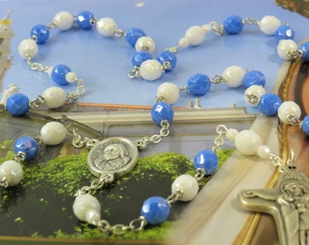 St. Mother Teresa of Calcutta Rosary - Czech Blue and White Beads - St. Mother Teresa Cloth Relic Center - Italian Sorrowful Mother Crucifix