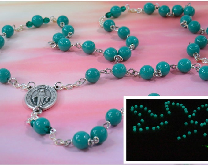 Green Stone "Glow in the Dark" Rosary - Green Glow in The Dark Stone Beads - Italian Miraculous Mary Center - Italian Glow in Dark Crucifix