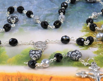 Black & Silver Cat Rosary - Czech Black and Silver 8mm Beads - Black and Silver Cat Beads - St Francis Center - Italian Sunburst Crucifix