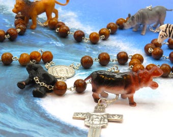 Noah's Ark Rosary - Natual Rosewood 10mm Beads - Acyrlic Animal Beads - Italian Silver Holy Face Center - Italian Silver Holy Face Crucifix