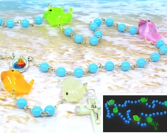 Dolphin Rosary "Glows in the Dark" - Multi Color Resin Dolphin Beads-Ocean Blue Glass Beads- Italian Mary Center - Italian Luminous Crucifix