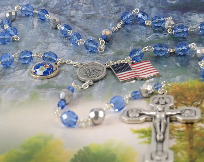 US Air Force Military Rosary - Czech Blue and Silver Crystal Beads - St Michael Center - Air Force Charm -Italian Stations of Cross Crucifix
