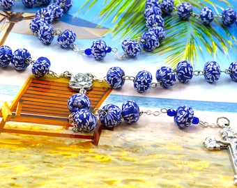 Blue Hawaiian Flower Rosary - Blue & White Hawaiian Flower Polymer Clay Beads - Italian Rose and Mary Center -Italian Silver Flower Crucifix