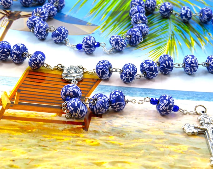 Blue Hawaiian Flower Rosary - Blue & White Hawaiian Flower Polymer Clay Beads - Italian Rose and Mary Center -Italian Silver Flower Crucifix