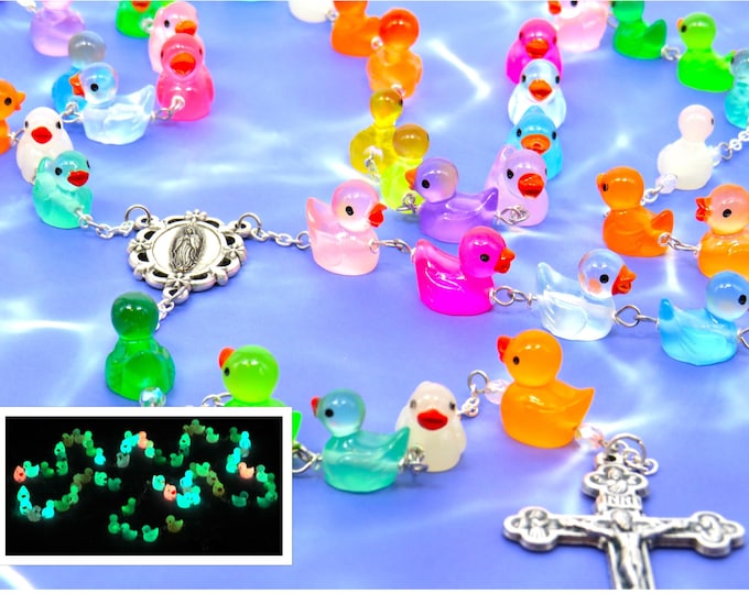 Ducky Rosary - Glows in the Dark - Multi Color Hand-Painted Duck Beads - Italian Our Lady of Guadalupe Center - Italian Eucharistic Crucifix