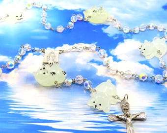 Polar Bear Rosary - Czech AB Crystal 8mm Beads -Glow in Dark Polar Bear Father Beads- Miraculous Mary Center - Ital Crown of Thorns Crucifix