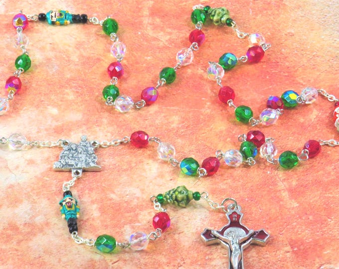 Christmas Rosary - Czech AB Green, Red & Clear Crystal Beads - Peru Ceramic Father Beads - Holy Family Nativity Center - Red Enamel Crucifix