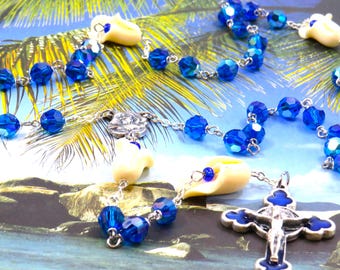 Lily Flower Swarovski Crystal Rosary - Calla Lily Stone Beads - Blue AB Swarovski Beads - Italian Rose Center - Italian Blue Rose Crucifix