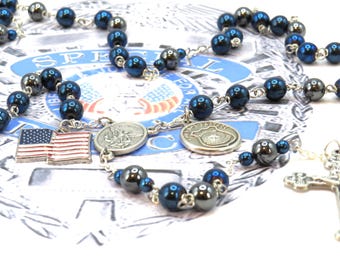 Police Officer Rosary - Blue & Black Hematite Gemstone Beads - Ital St Michael Center - Italian Eucharistic Crucifix - Flag and Police Charm