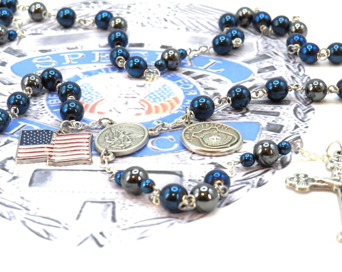 Police Officer Rosary - Blue & Black Hematite Gemstone Beads - Ital St Michael Center - Italian Eucharistic Crucifix - Flag and Police Charm