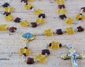 Amber and Brown Butterfly Rosary - Czech Amber and Brown Crystal Butterfly Beads -Italian Silver & Gold Immaculate Center and Heart Crucifix