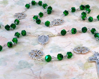 St Patrick Irish Rosary - Green Crystal Beads - Metal Shamrock Clover Father Beads -St Patrick & St Bridget Center - Italian Celtic Crucifix