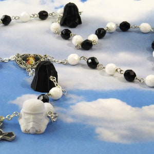 Star Wars Rosary - Czech White and Black Crystal Beads - 3D Storm Trooper & Darth Vader Father Beads - Divine Mercy Center - Black Crucifix