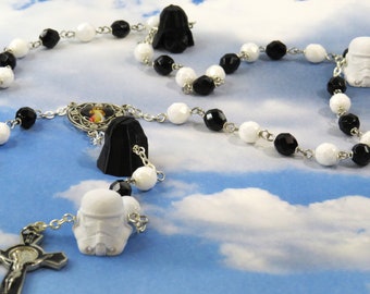 Star Wars Rosary - Czech White and Black Crystal Beads - 3D Storm Trooper & Darth Vader Father Beads - Divine Mercy Center - Black Crucifix