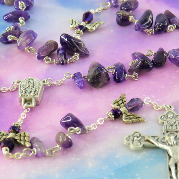 Semi Precious Amethyst Angel Rosary - Semi Precious Amethyst Nugget Beads - Angels - Italian Fatima Center - Italian Eucharistic Crucifix