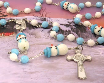Snowman Rosary - Czech White and Blue Crystal Beads - Handmade Lampglass Snowman Beads -Italian Madonna & Child Center-White Enamel Crucifix