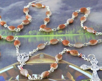 Ladybug Rosary - Czech Ladybug Copper & Gray Crystal Beads  - Italian Our Lady of Medugorje Center - Italian Silver Grapes and Vine Crucifix