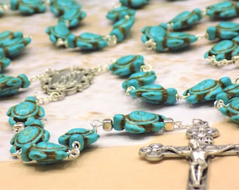 Turquoise Blue Turtle Rosary - Turquoise Blue Stone Turtle Beads - Italian Silver OL of Lourdes Center - Italian Silver Eucharistic Crucifix