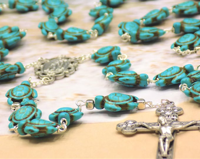 Turquoise Blue Turtle Rosary - Turquoise Blue Stone Turtle Beads - Italian Silver OL of Lourdes Center - Italian Silver Eucharistic Crucifix