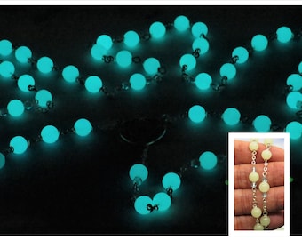 White Stone Aqua Glow in the Dark Rosary - White Stone Aqua Glow in the Dark 8mm Beads - Colorful Our Lady Center - Luminous Glow Crucifix