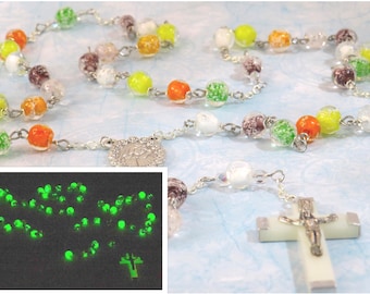 Multi-Color Glass Glow In The Dark Rosary - "Glow in the Dark" Glass Beads - Czech Accent Beads - Italian Mary Center - Luminous Crucifix