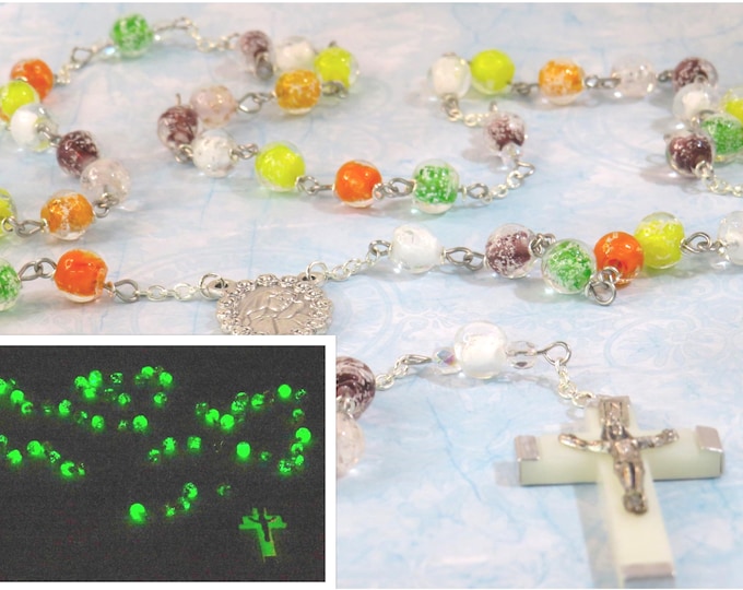 Multi-Color Glass Glow In The Dark Rosary - "Glow in the Dark" Glass Beads - Czech Accent Beads - Italian Mary Center - Luminous Crucifix