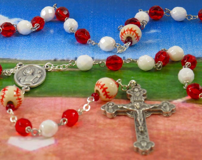 Red and White Baseball Rosary - Czech Red and White Glass Beads - Ceramic Baseballs - Saint Sebastian Center - Italian Eucharistic Crucifix