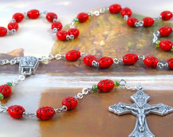 Red Ladybug Rosary - Czech Opaque Red Ladybug Glass Beads - Italian O Lady of Lourdes Water Center - Italian Silver Grapes and Vine Crucifix