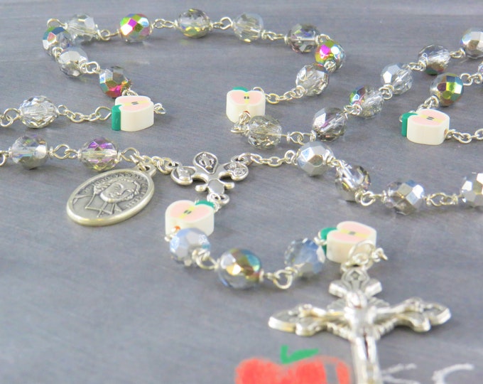 Teacher Rosary - Czech Clear & Silver Crystal Beads - Apple Beads - Fleur-de-Lis Fiat Center - Sunburst Crucifix - St John De La Salle Medal