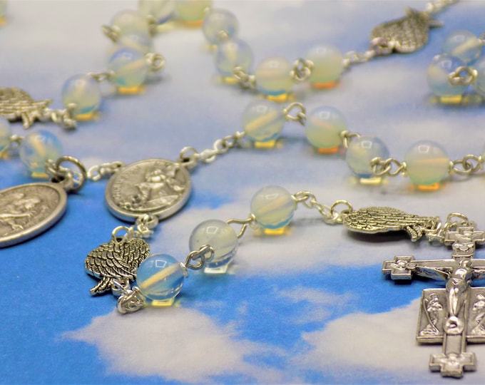 Guardian & Archangel Rosary - Sea Opal Round Crystal Beads - Silver Angel Wings - Italian Guardian Angel Center - Italian Angels Crucifix