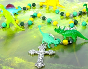 Dinosaur Rosary - Green, Yellow & Dark Green Lava Gemstone Beads - Textured Dinosaur Beads - Miraculous Center- Italian Eucharistic Crucifix