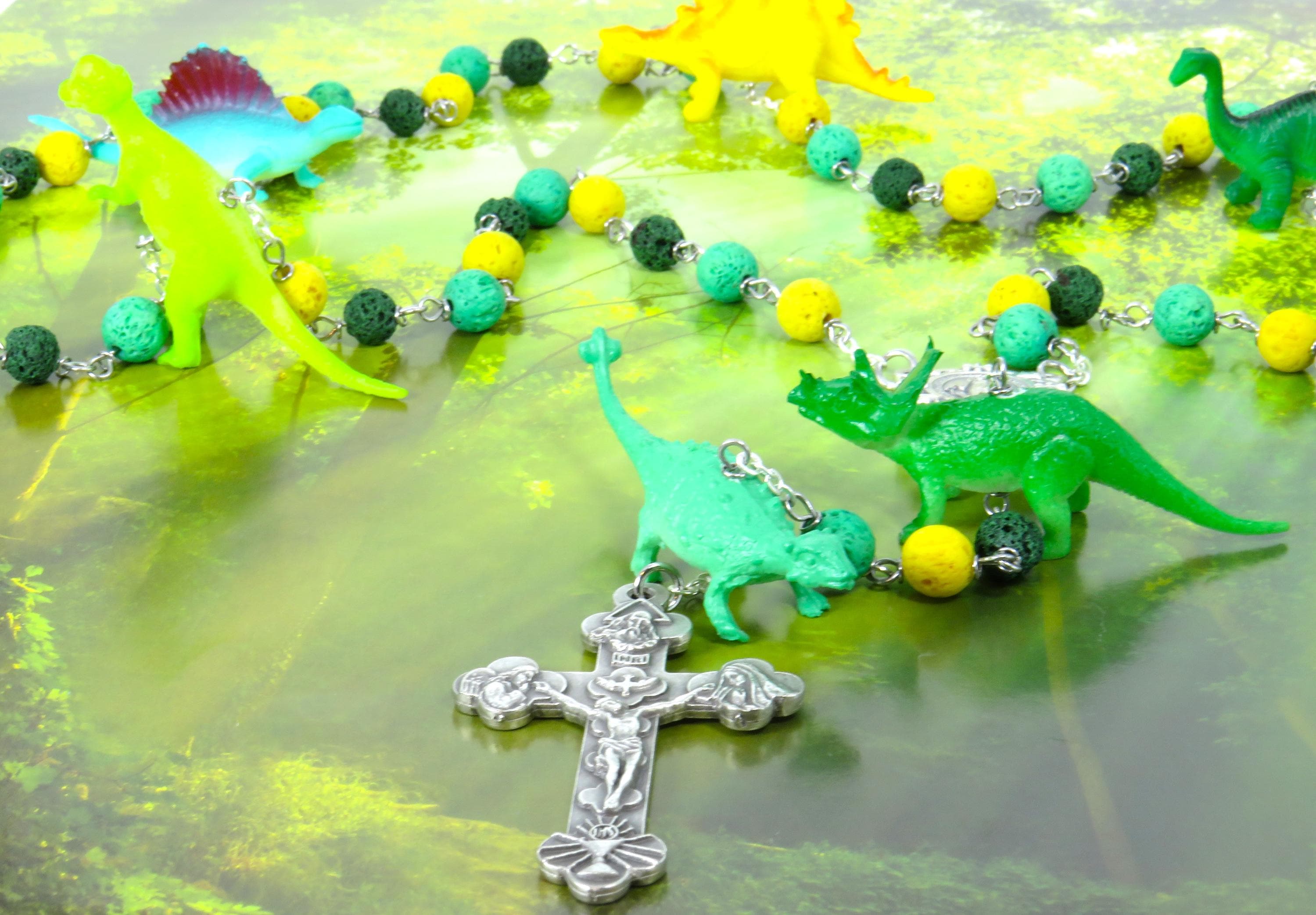Dinosaur Rosary - Green, Yellow & Dark Green Lava Gemstone Beads
