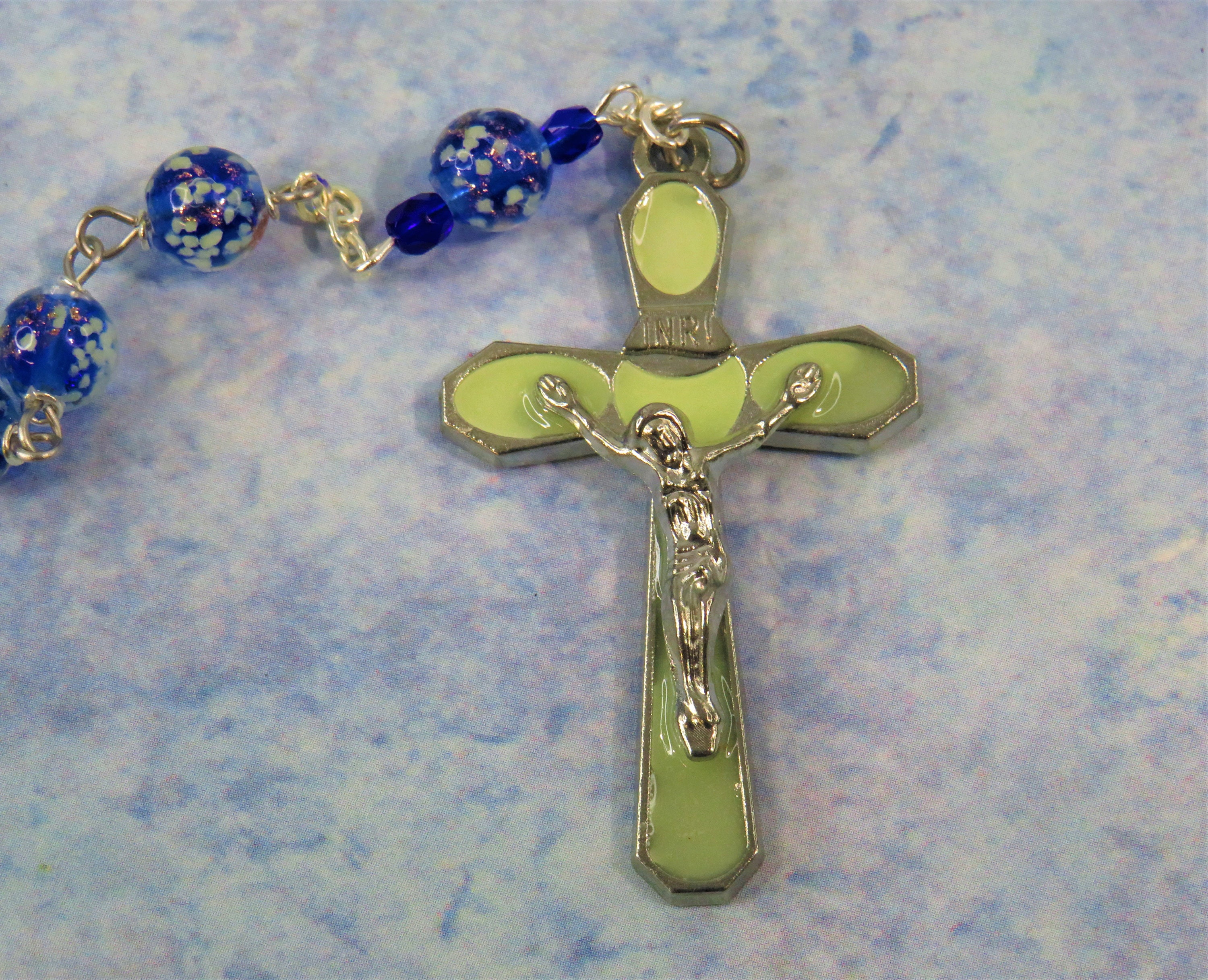 Multi Color Czech Glass Glow in the Dark Rosary - Blue, Topaz & Green Glow  in The Dark Glass Beads-Medjugorje Earth Center-Luminous Crucifix