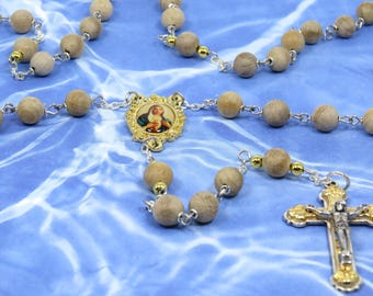Natural Australian Wood Rosary - Natural Australian Silkwood 8mm Wood Beads - Metal Accent Beads - Holy Land Center - Italian Flare Crucifix