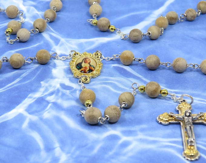 Natural Australian Wood Rosary - Natural Australian Silkwood 8mm Wood Beads - Metal Accent Beads - Holy Land Center - Italian Flare Crucifix