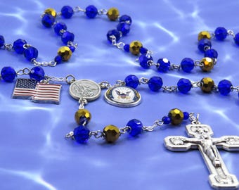US Navy Military Rosary - Czech Dark Blue and Gold Crystal Beads - St Michael Center - US Navy & Flag Charms - Italian Stations OTC Crucifix