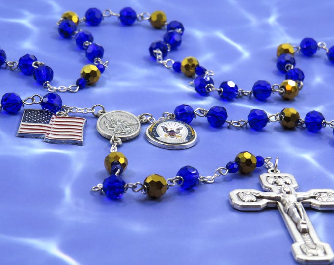US Navy Military Rosary - Czech Dark Blue and Gold Crystal Beads - St Michael Center - US Navy & Flag Charms - Italian Stations OTC Crucifix