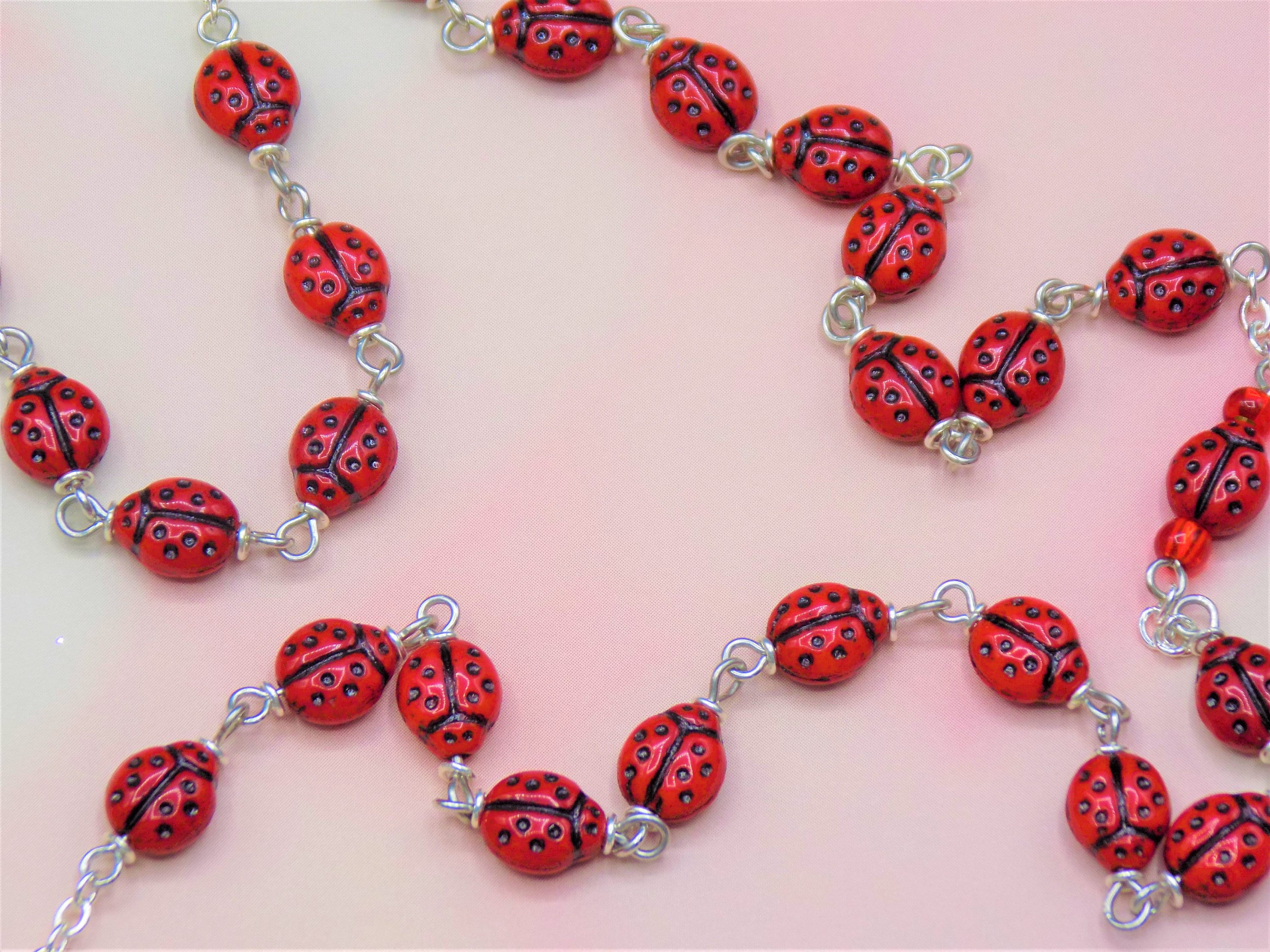 Ladybug Rosary Czech Opaque Red Ladybug Glass Beads Center Contains