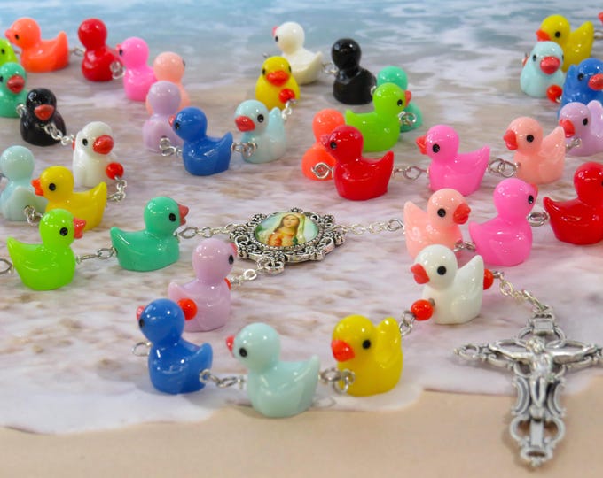 Ducky Rosary - Multi Color Opaque Hand-Painted Duck Beads - Sacred Heart of Mary Colorful Center - Italian Silver Fancy Filigree Crucifix