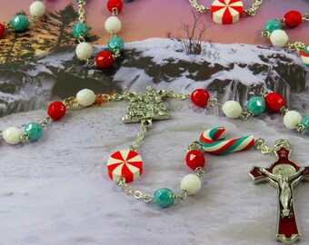 Christmas Candy Rosary - Candy Canes & Peppermint Candy Beads - Czech Glass Beads - Italian Holy Family Nativity Center -Red Enamel Crucifix