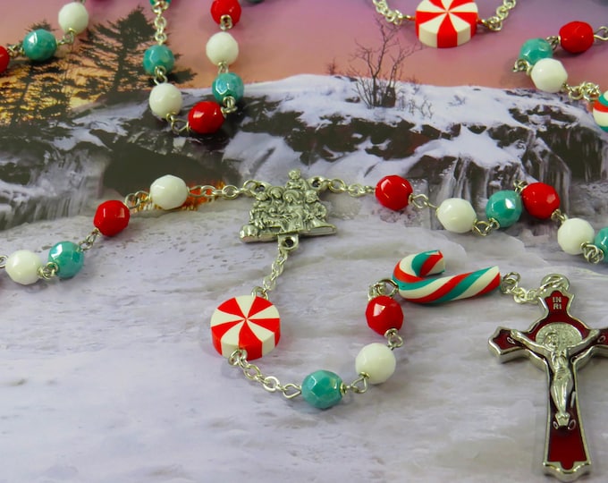 Christmas Candy Rosary - Candy Canes & Peppermint Candy Beads - Czech Glass Beads - Italian Holy Family Nativity Center -Red Enamel Crucifix