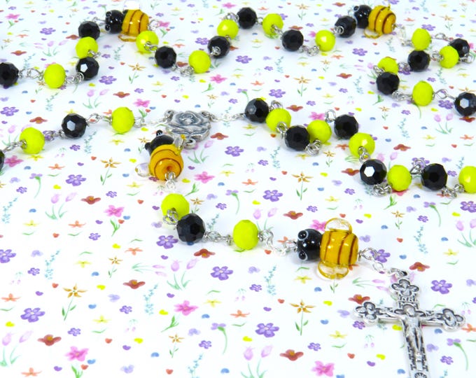 Bumble Bee Rosary - Czech Yellow & Black Opaque Beads - Lampglass Bumble Bee Beads - Italian Rose Center - Italian Eucharistic Crucifix