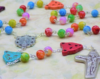 Stone Cheetah Multi Color Rosary - Stone Cheetah Multi Color Beads - Multi Color Glass 8mm Beads -Italian Mary Center -Mary & Jesus Crucifix