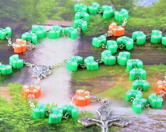 Green and Orange Butterfly Rosary - Colorful Green and Orange Butterfly Polymer Beads - Italian Rose Center - Italian Grapes & Vine Crucifix