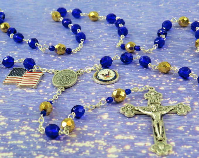 US Navy Military Rosary - Czech Dark Blue and Gold Crystal Beads - St Michael Center - US Navy & Flag Charms - Italian Eucharistic Crucifix