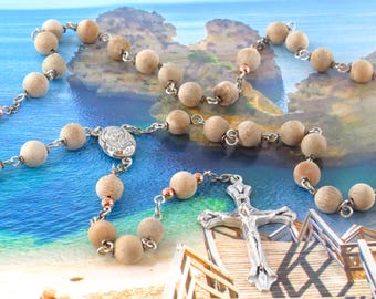 Natural Australian Wood Rosary - Natural Australian Silkwood 8mm Wood Beads - Metal Accent Beads - Holy Land Center - Italian Flare Crucifix