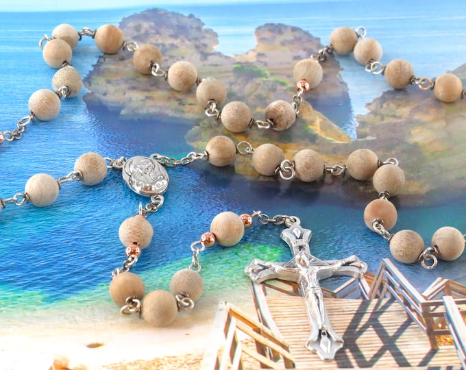 Natural Australian Wood Rosary - Natural Australian Silkwood 8mm Wood Beads - Metal Accent Beads - Holy Land Center - Italian Flare Crucifix